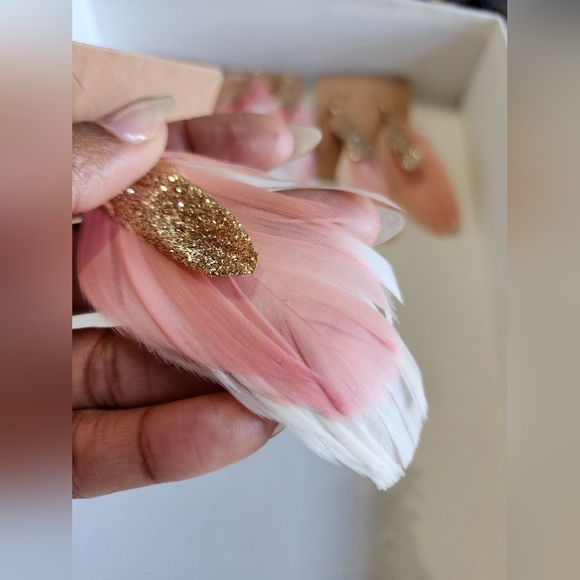 Lightweight Women's Gold and Pink Feather Stud Earrings Handmade Locally - Picture 10 of 14